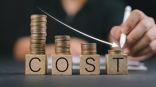 Financial concept showing decreasing expenses with coin stacks on blocks spelling COST and a downwar