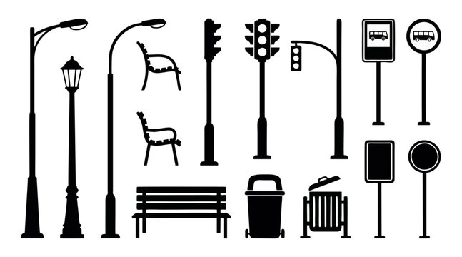 Set of black street furniture vector graphic elements featuring benches lamps traffic signals and bus stop signs for urban design
