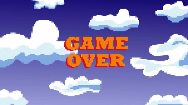 Retro 8 Bit Game Over Screen Animation with Pixel Art Background