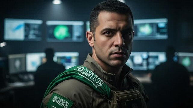Saudi Arabian male intelligence officer in tactical uniform monitoring cybersecurity in a command center