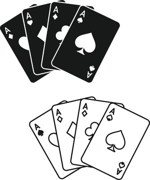 Two sets of four playing card aces icons in solid black and outlined styles isolated on white.