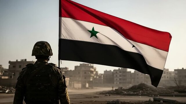 Male soldier in camouflage uniform looking at a waving national flag in a devastated city