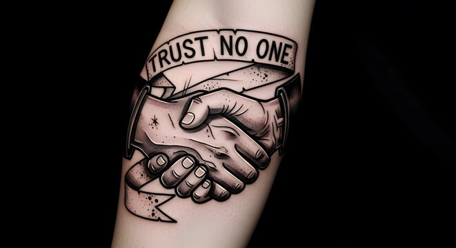 Black ink body art on skin depicting two hands shaking with a sharp blade behind the banner