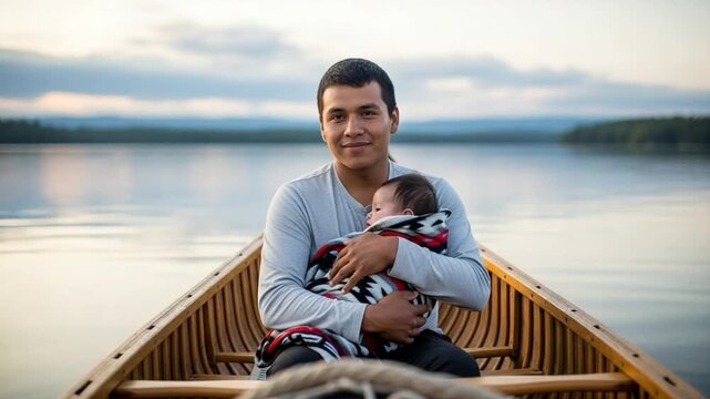 Native American man cradling infant in traditional wooden canoe on peaceful wilderness lake