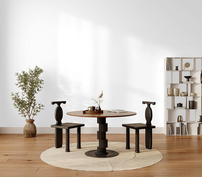 Modern Rustic Dining Room Wall Mockup PNG with Round Table and Wooden Chairs, Transparent Background, Soft Shadows