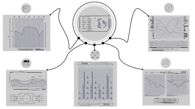 Animated abstract diagram combining dynamic graphs and computational analytics
