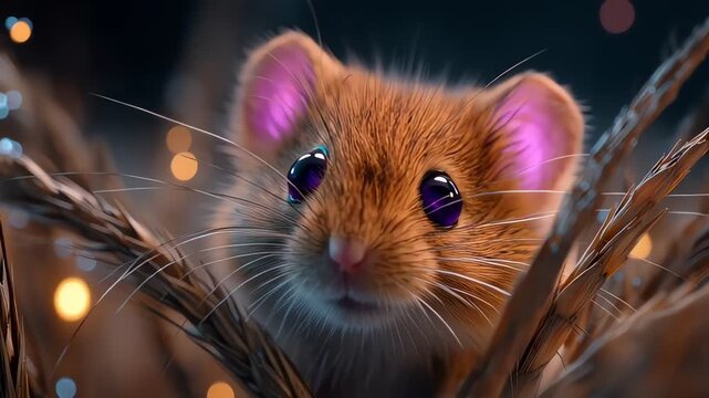 Close-up of a cute harvest mouse nestled in golden wheat ears with bokeh lights