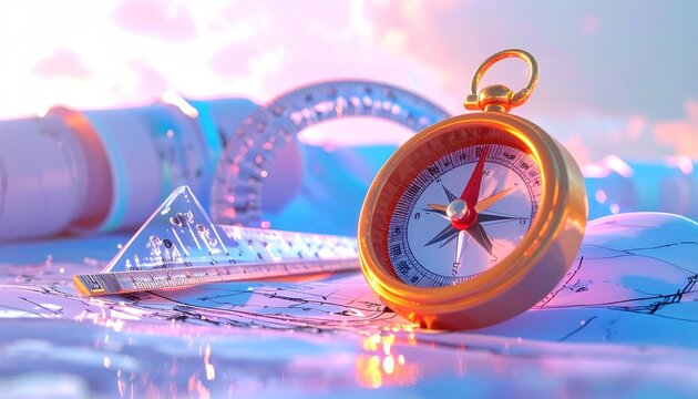 A compass, ruler, and protractor lie on a map amidst a dreamy, pastel-colored scene