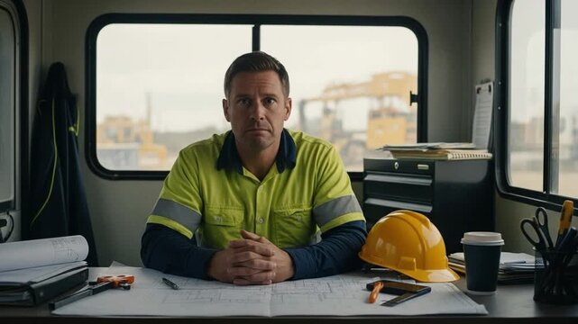 Exhausted Caucasian male site supervisor in hi-vis shirt at desk with hard hat and blueprints