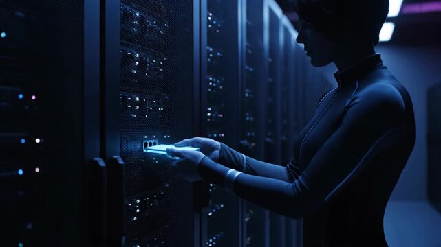 Woman system administrator inserting glowing data drive into server rack. IT engineer managing datacenter network hardware. Cyber technology and cloud data concept.