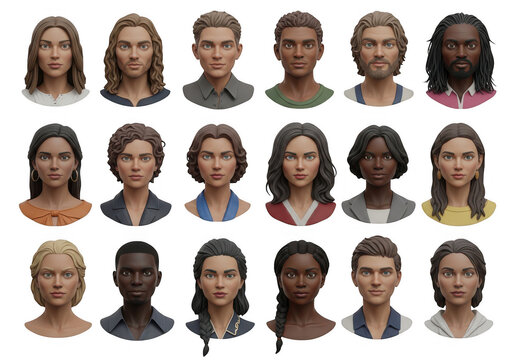Diverse group of stylized human faces arranged in a grid pattern isolated on transparent background