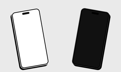 Naklejka premium Hand-drawn pair of tilted smartphone mockups showcasing black and white minimalist screen frames digital illustration