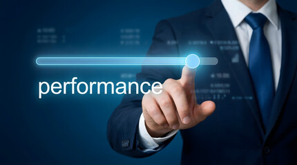 Obraz premium Businessman adjusting a vivid blue digital performance slider on a dark virtual screen for business 