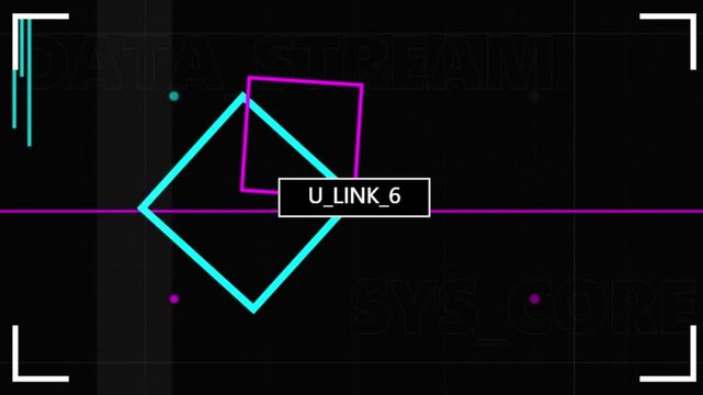 Futuristic neon cyber security HUD interface with rotating cyan and pink geometric squares and data