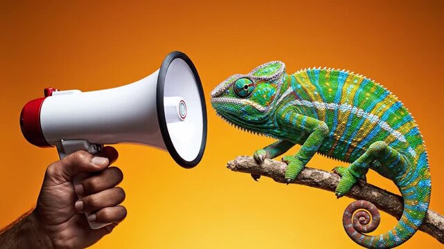 A hand holding a white megaphone facing a colorful chameleon on an orange background