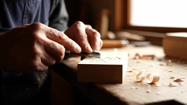 Close-up of a craftsman meticulously carving wood with a chisel.