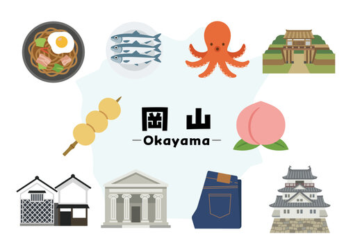岡山県の文化・特産・グルメアイコンセット（白桃・きびだんご・ひるぜん焼きそば・倉敷美観地区・大原美術館・岡山城）