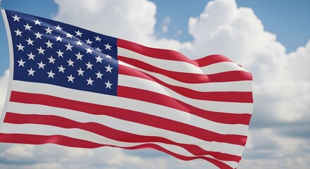 Obraz premium Waving american flag against a dramatic sky with fluffy white clouds