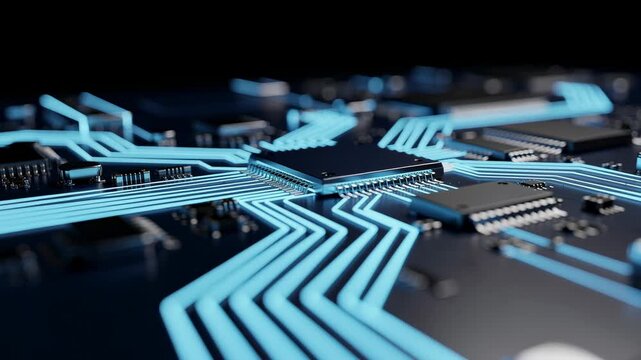 Close up of futuristic blue circuit board with microchips and glowing electronic pathways for technology concept