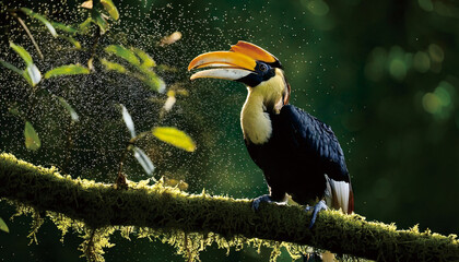 Obraz premium Great hornbill perched on mossy branch with dewy leaves, spitting droplets in forest