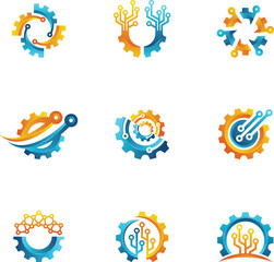 Fototapeta premium Colorful technology gear icons, modern vector illustration combining mechanical shapes with digital circuits, innovation, connectivity, engineering, and progress design elements
