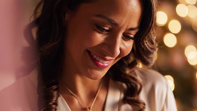 Smiling Woman Wearing a Rose Quartz Pendant Necklace