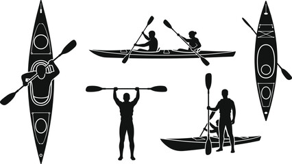 Kayaking silhouette illustration with solo and tandem paddlers, outdoor adventure vector artwork, water sport design for travel and recreation themes © Rebeka