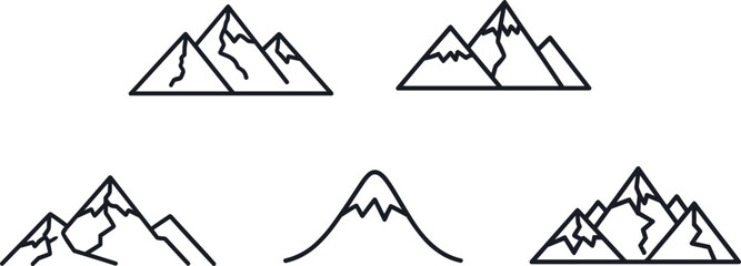 Minimalist mountain range line drawings, jagged peaks and stylized ridges, black and white vector icons for outdoor, travel, adventure design themes © Rebeka
