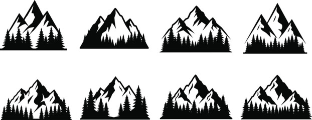 Mountain landscape silhouettes with evergreen trees and jagged peaks, rustic outdoor vector artwork, nature illustration design for adventure and travel themes © Rebeka