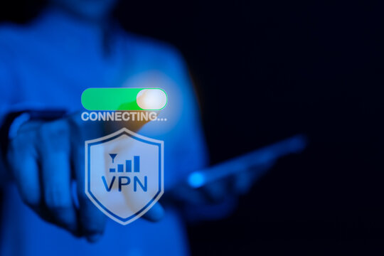 VPN, Virtual Private Network Protocol technology, Businesswoman connecting a private and secure connection over public Internet by smartphone for security, Encrypted connection.