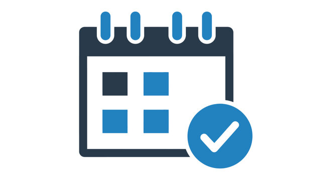Professional vector illustration of a clean calendar icon featuring a bold blue checkmark symbol to indicate an appointment completion for scheduling management and daily organization tasks