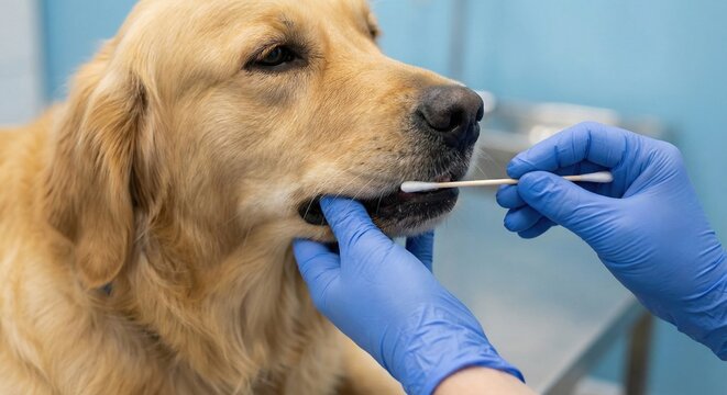 Veterinarian taking cheek swab from Golden Retriever dog