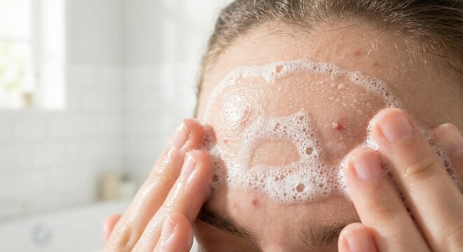 Teenager washing oily forehead with foaming acne cleanser