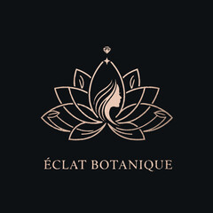 Fototapeta premium Elegant Lotus Flower Logo with Woman Silhouette and Text.