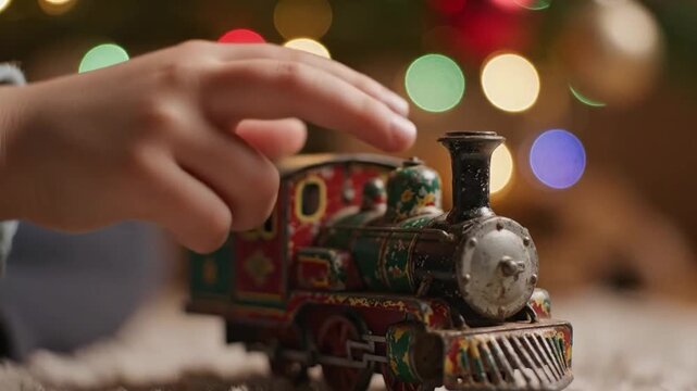 Childs Hand Holding a Vintage Toy Train with Bokeh Lights.