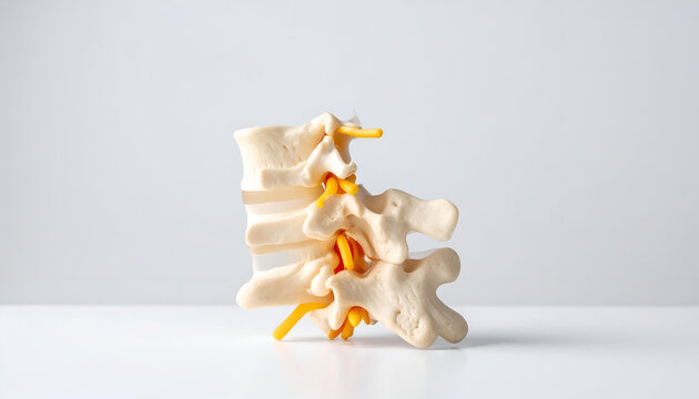 Human spine model with yellow nerves.
