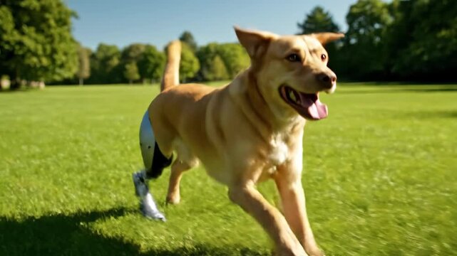 Golden labrador dog running on green grass with a prosthetic hind leg. Happy pet with bionic limb device. Animal rehabilitation, mobility and recovery concept.