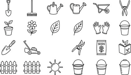 Black silhouette gardening icons set, shovel rake watering can wheelbarrow shears potted plant flower leaves gloves bucket lawn mower © Sabbir's World