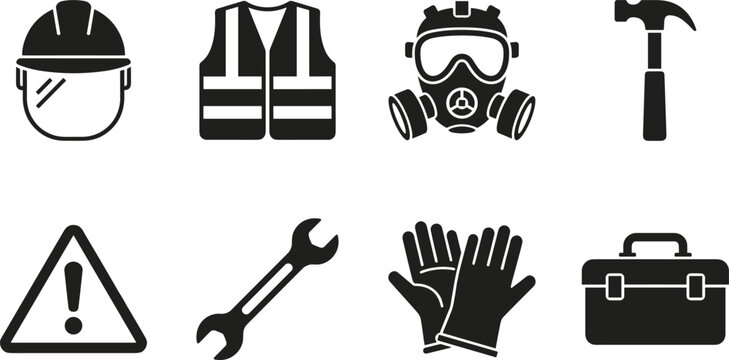 Black silhouette icons of construction safety, hard hat, vest, respirator mask, gloves, toolbox, hammer, wrench, warning sign, workplace protection