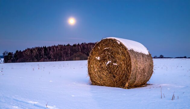 Frosty field, round hay bale under moonlit sky