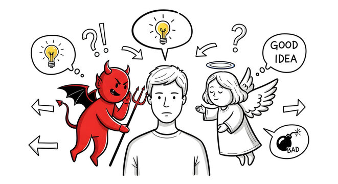 Cartoon of a man torn between a red devil and a white angel offering advice on his shoulders
