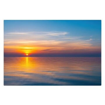 A vibrant sunset over a calm and mysterious body of water