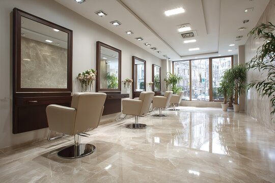 Modern salon interior luxury beauty studio elegant hair parlor spacious styling area bright contemporary design, ideal for showcasing professional beauty services, upscale interior design, and invitin