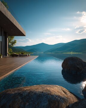 Modern architecture infinity pool lake view mountain landscape luxury outdoor living ideal for showcasing luxury real estate, travel destinations, or serene escapes.