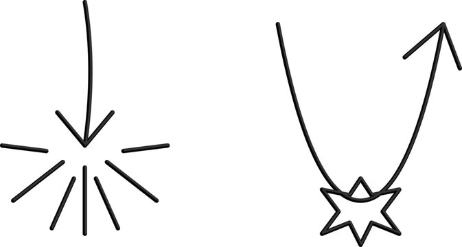 Hand-drawn black line icons showing impact arrows and bounce back effects for focus business illustration