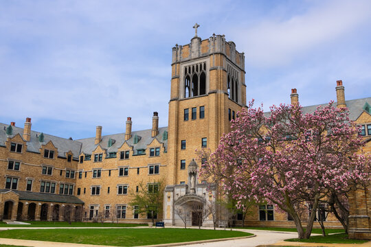 Dillon Hall at the University of Notre Dame standing under a spring sky