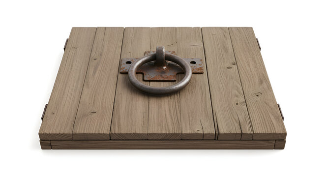Wooden trap door with metal ring.