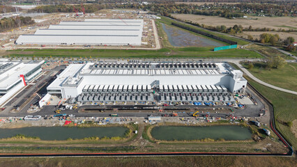 Aerial view of large data center complex under construction