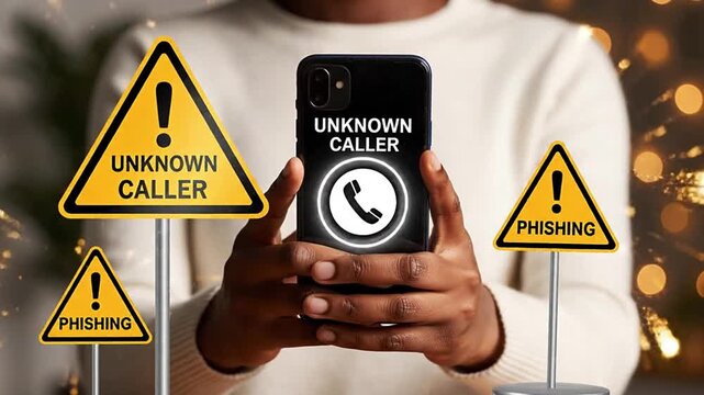 Close-up of a person holding a smartphone with 'Unknown Caller' and 'Phishing' warning signs. Concept of mobile phone scams, online fraud, cybersecurity threats, digital security, and identity theft..