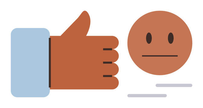 Feedback, approval, mixed emotions, communication, user review, decision making. Thumbs up hand and neutral face icon in a minimal design. Feedback and approval concept for communication